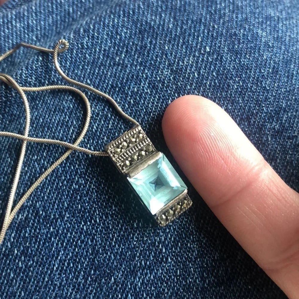 Sterling Silver Hematite and Princess Cut Blue Topaz Necklace with Snake Chain. - Picture 4 of 5